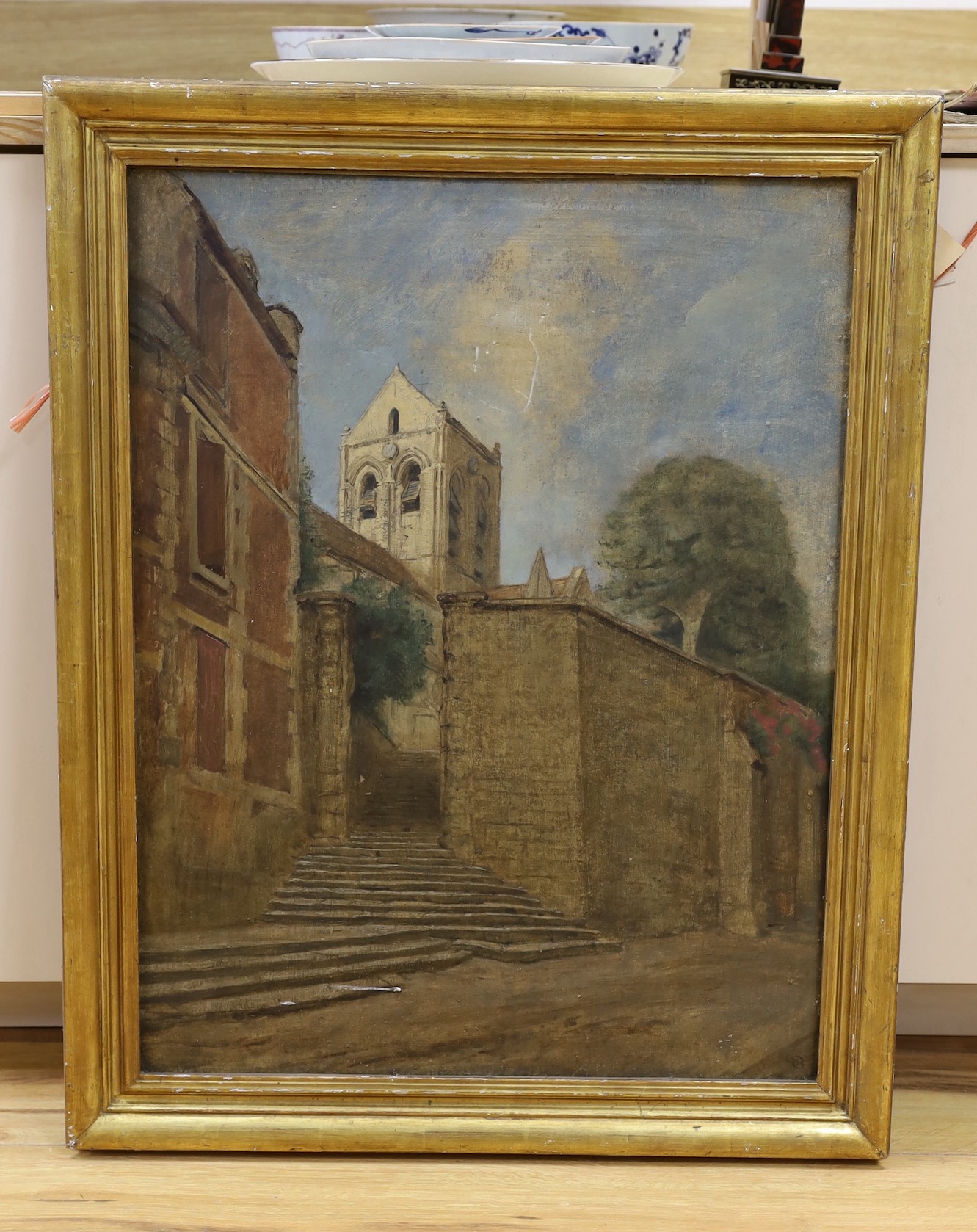 Charles Louis Geoffroy-Dechaume (French, 1877-c.1940), oil on board, 'Church at Auvers, Seine et Oise', monogrammed and inscribed verso, 68 x 52cm